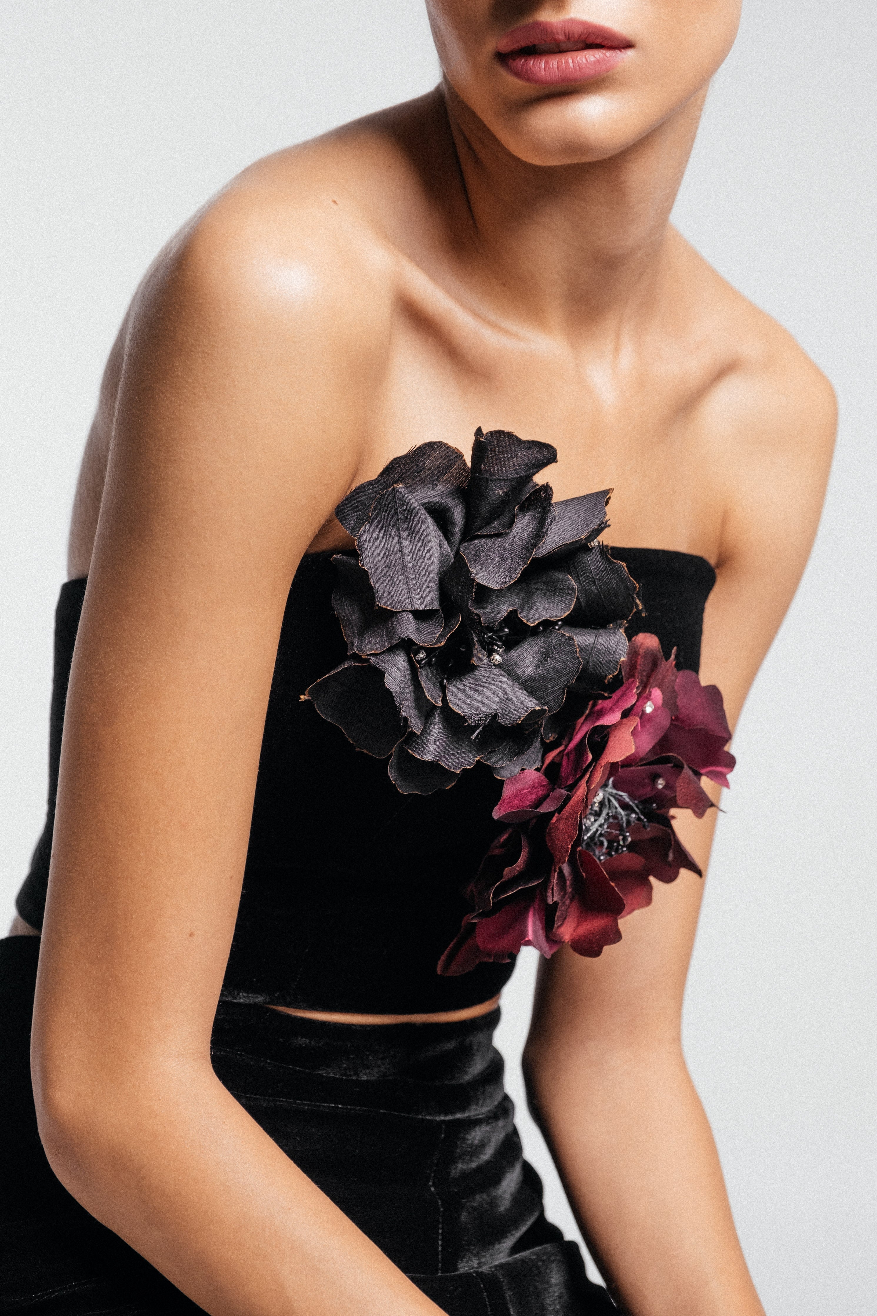 Persica Floral Bustier - Black & Burgundy Tops - Bustier & Embroidered Rosewater House