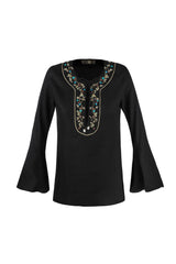 Gina Blouse - Embroidered Neckline Linen Black Rosewater House
