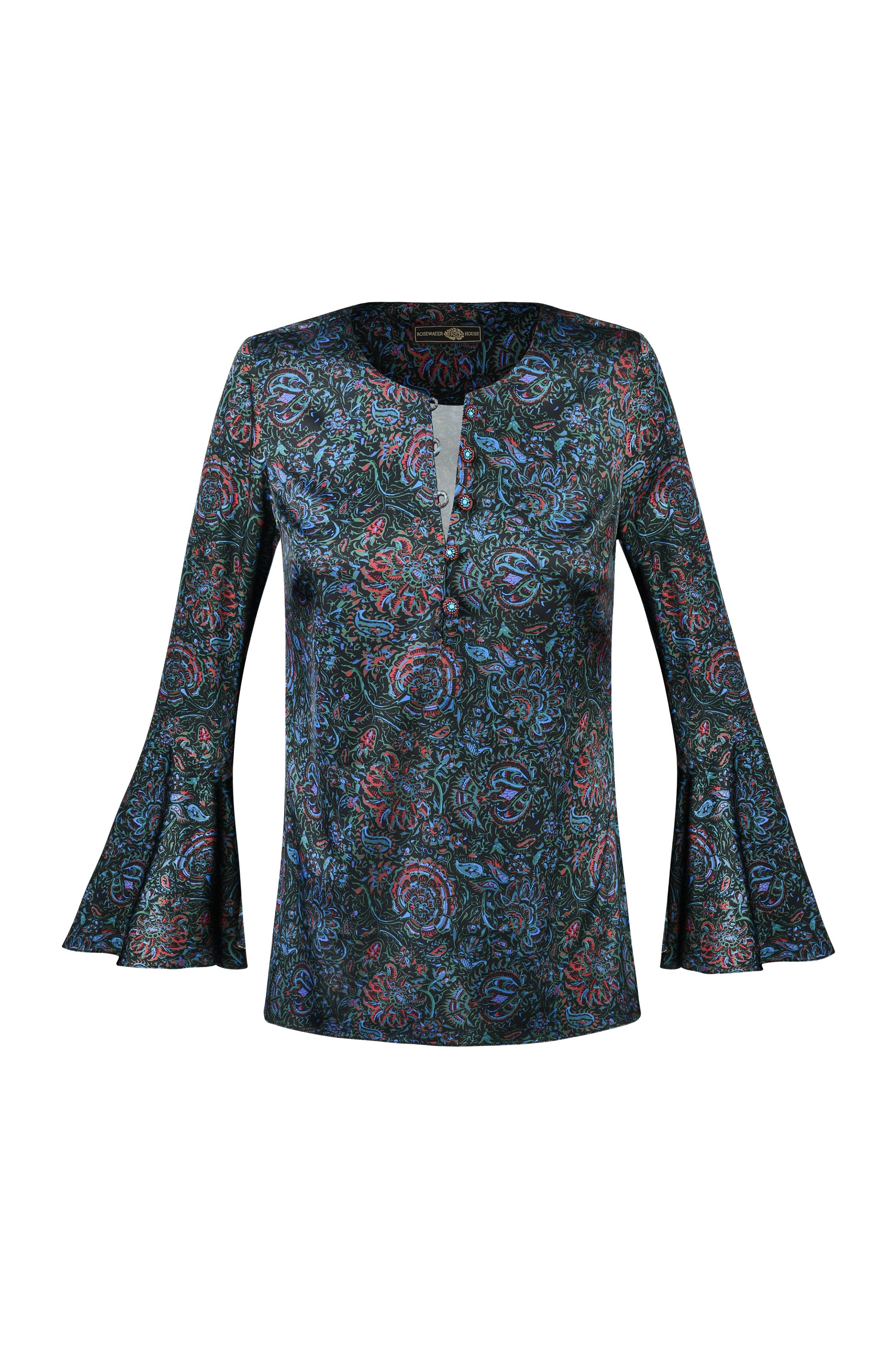 Gina Blouse - Printed Silk Black Rosewater House
