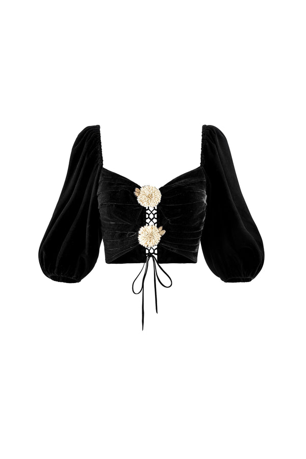 Rosa Embellished Cut Out Top - Black Tops - Bustier & Embroidered Rosewater House 
