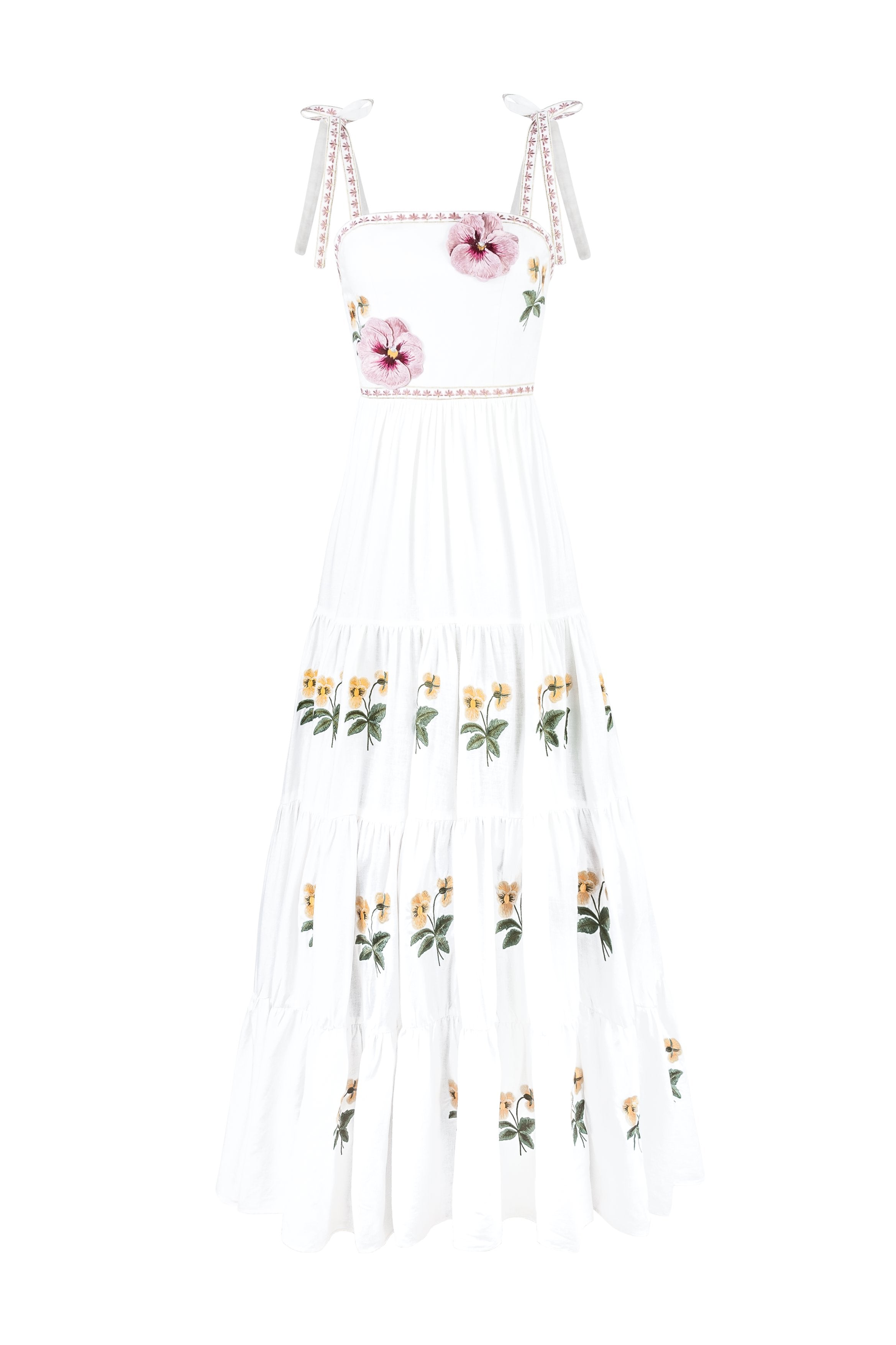 Tara Maxi Dress - Pansy Embroidered Offwhite & Yellow Dresses - Formal Rosewater House