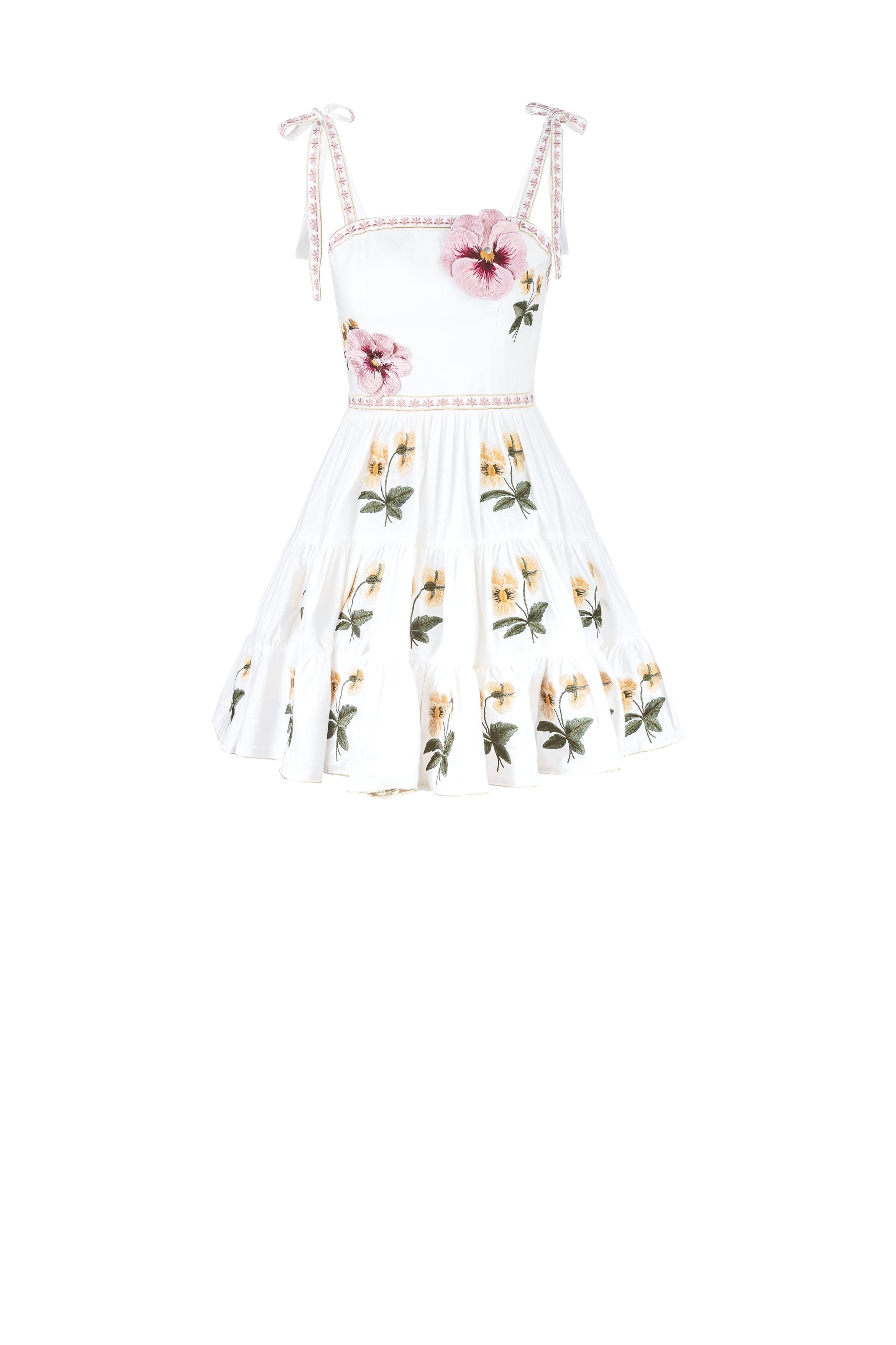 Tara Mini Dress - Pansy Embroidered Offwhite & Yellow Dresses - Formal Rosewater House