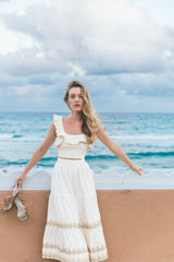 Parya Ruffle Skirt - Ivory & Green Bottoms - Skirts Rosewater House