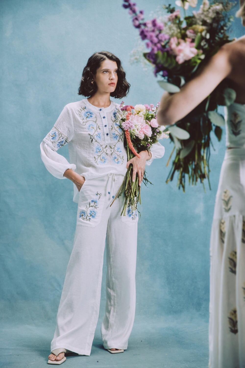 Lola Pants - Lola Embroidered Offwhite & Blue Rosewater House