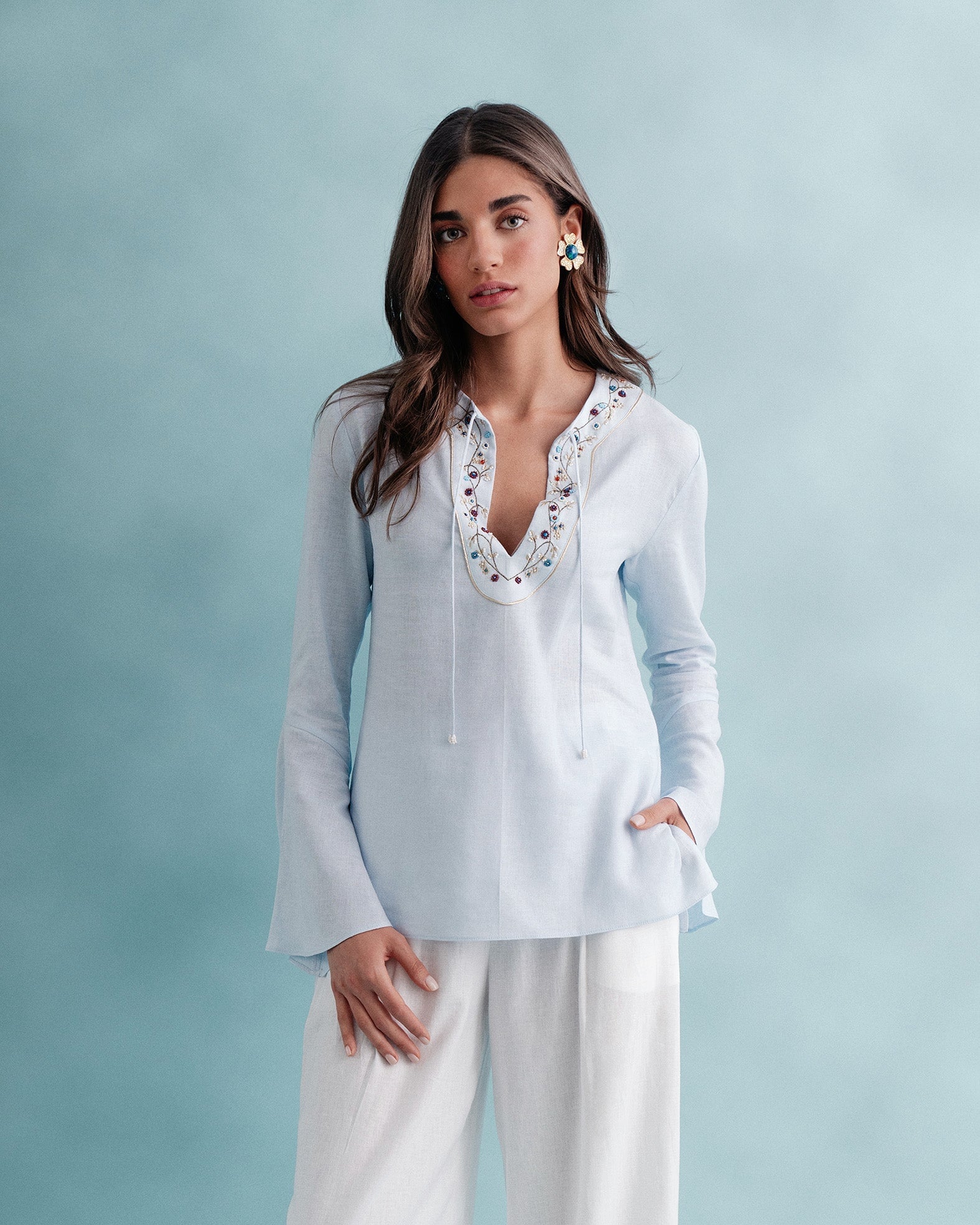 Gina Blouse - Embroidered Neckline Linen Baby Blue Tops - Blouse Rosewater House