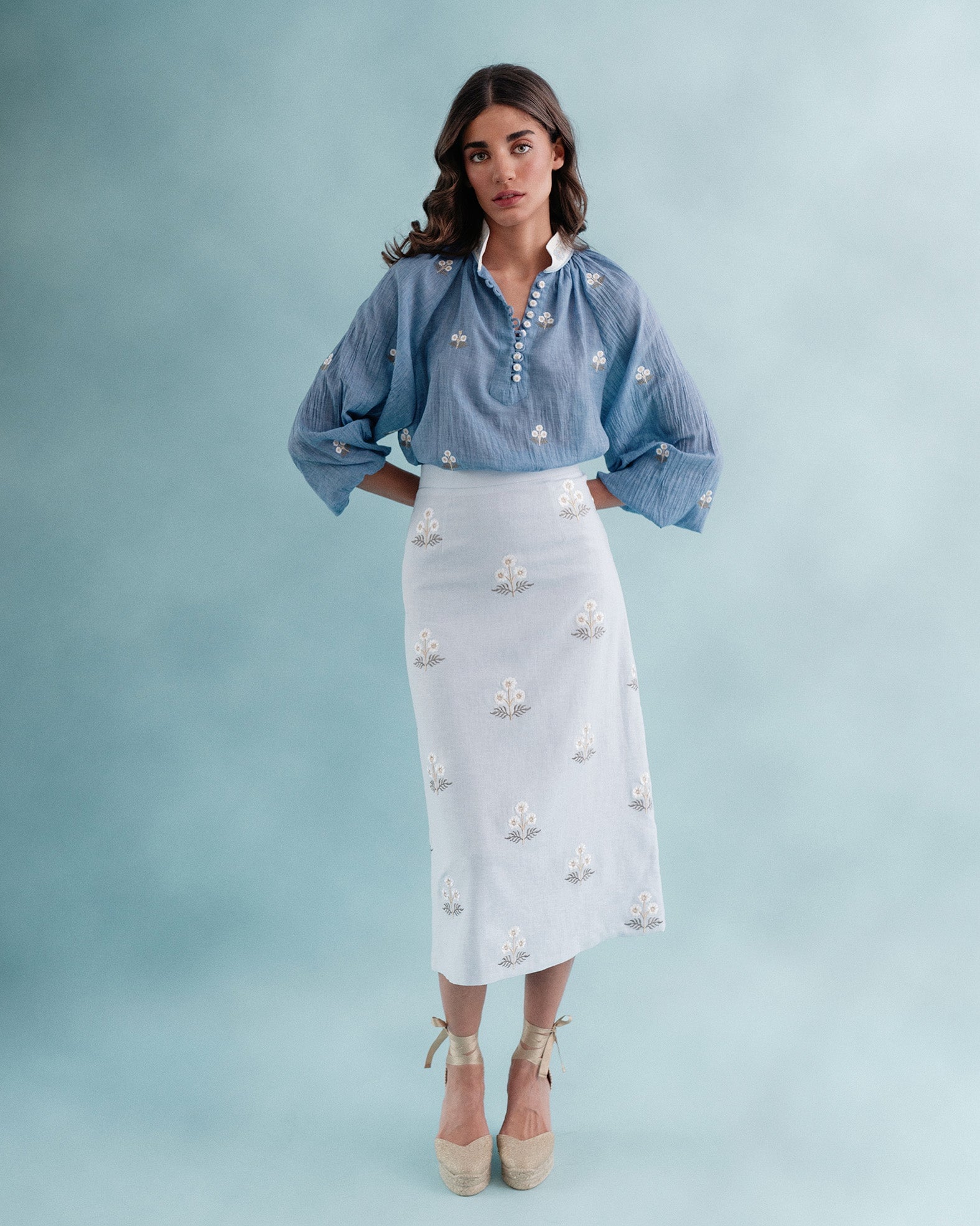 Golnaz Blouse - White & Blue Tops - Blouse Rosewater House