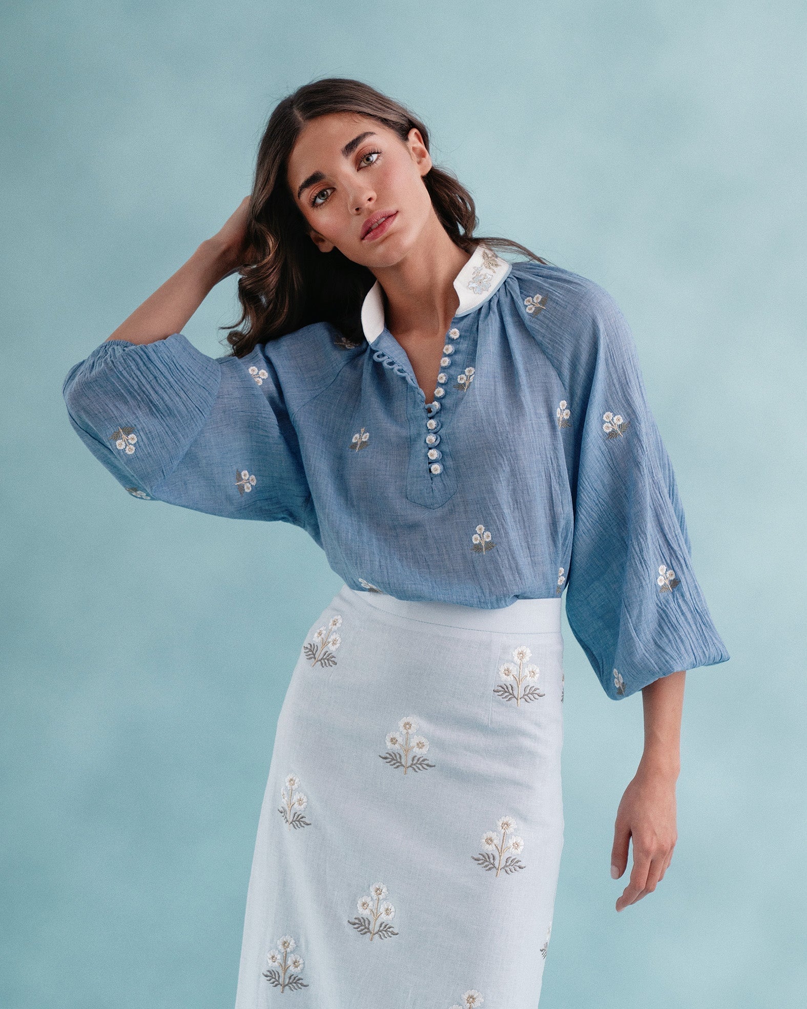 Golnaz Blouse - White & Blue Tops - Blouse Rosewater House