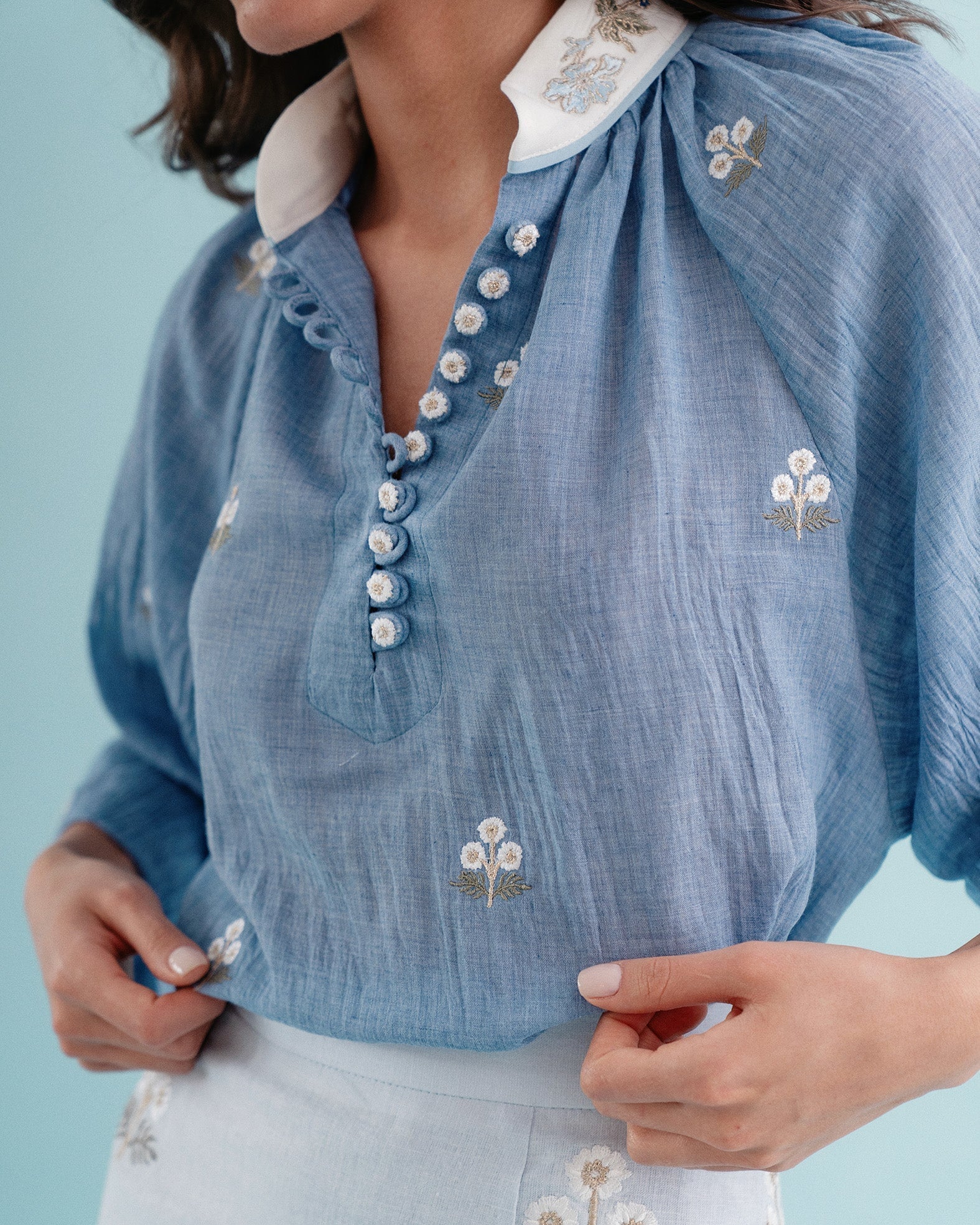 Golnaz Blouse - White & Blue Tops - Blouse Rosewater House