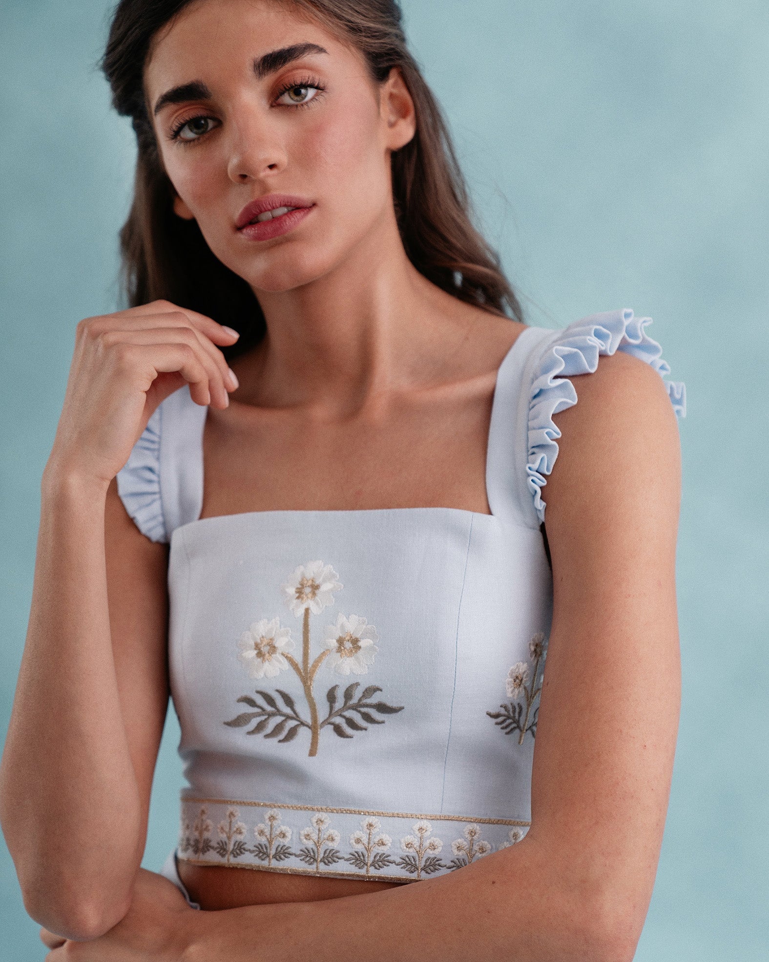 Yalda Bustier - Naz Embroidered Blue & White Tops - Bustier & Embroidered Rosewater House