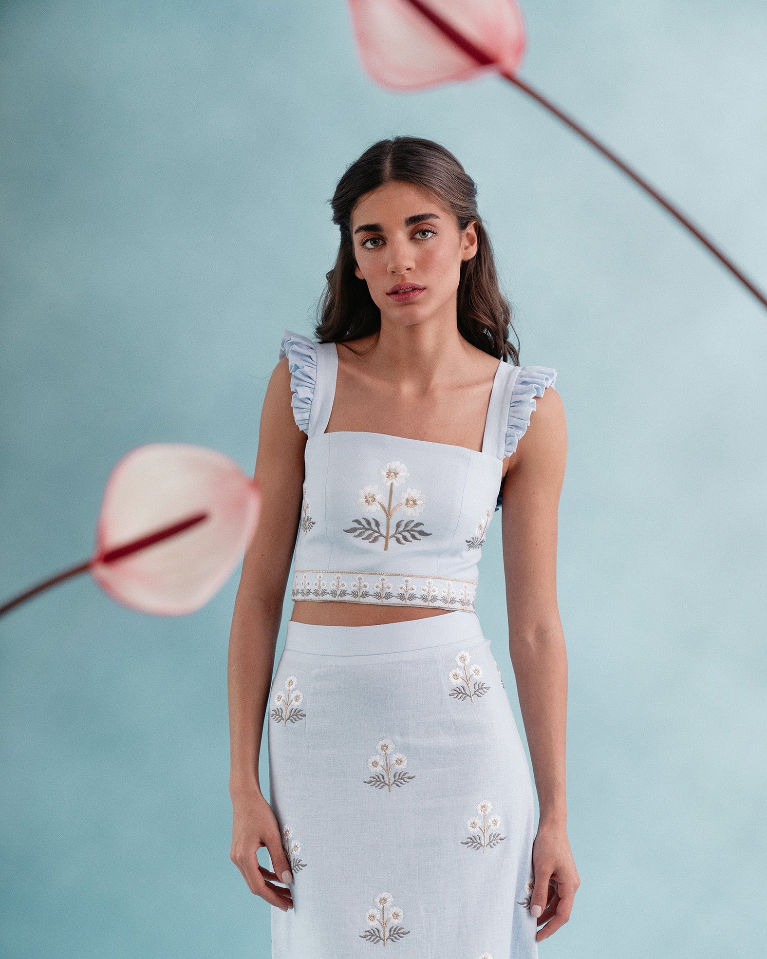 Yalda Skirt - Naz Embroidered Blue & White Bottoms - Skirts Rosewater House