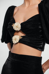 Rosa Embellished Cut Out Top - Black Tops - Bustier & Embroidered Rosewater House