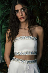 Carnation Crop Top - White & Blue Tops - Bustier & Embroidered OVER THE MOON