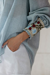 Carnation Blouse - Sky Blue & Red Blouses Rosewater House