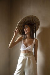 Raha Wide Leg Cropped Pants - Ecru Pants Rosewater House