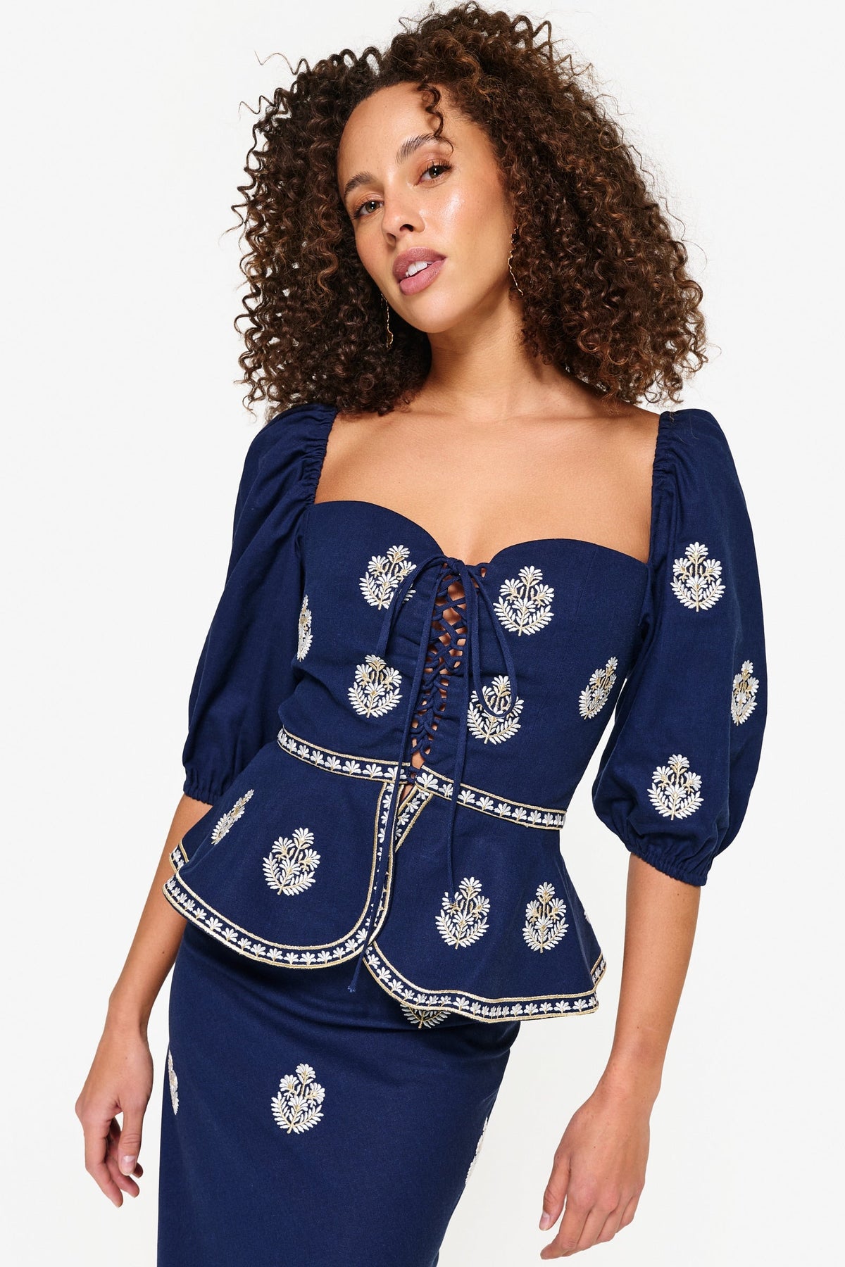 Mitra Lace Front Bustier - Navy & White Rosewater House