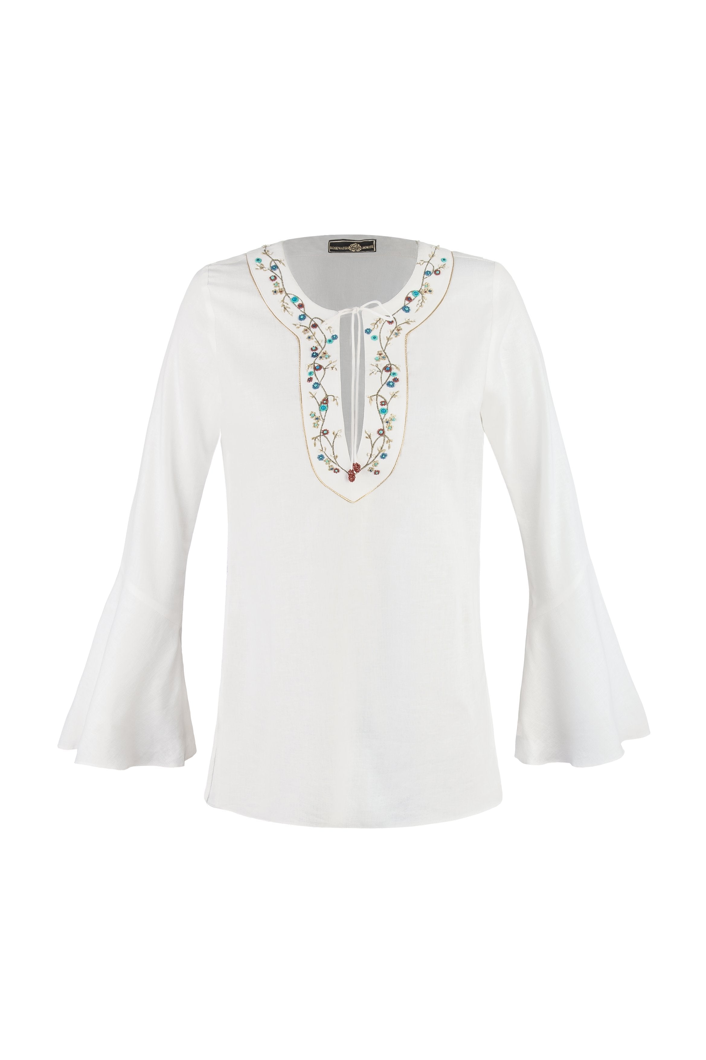 Gina Blouse - Emboridered Neckline Linen Offwhite Tops - Blouse Rosewater House 