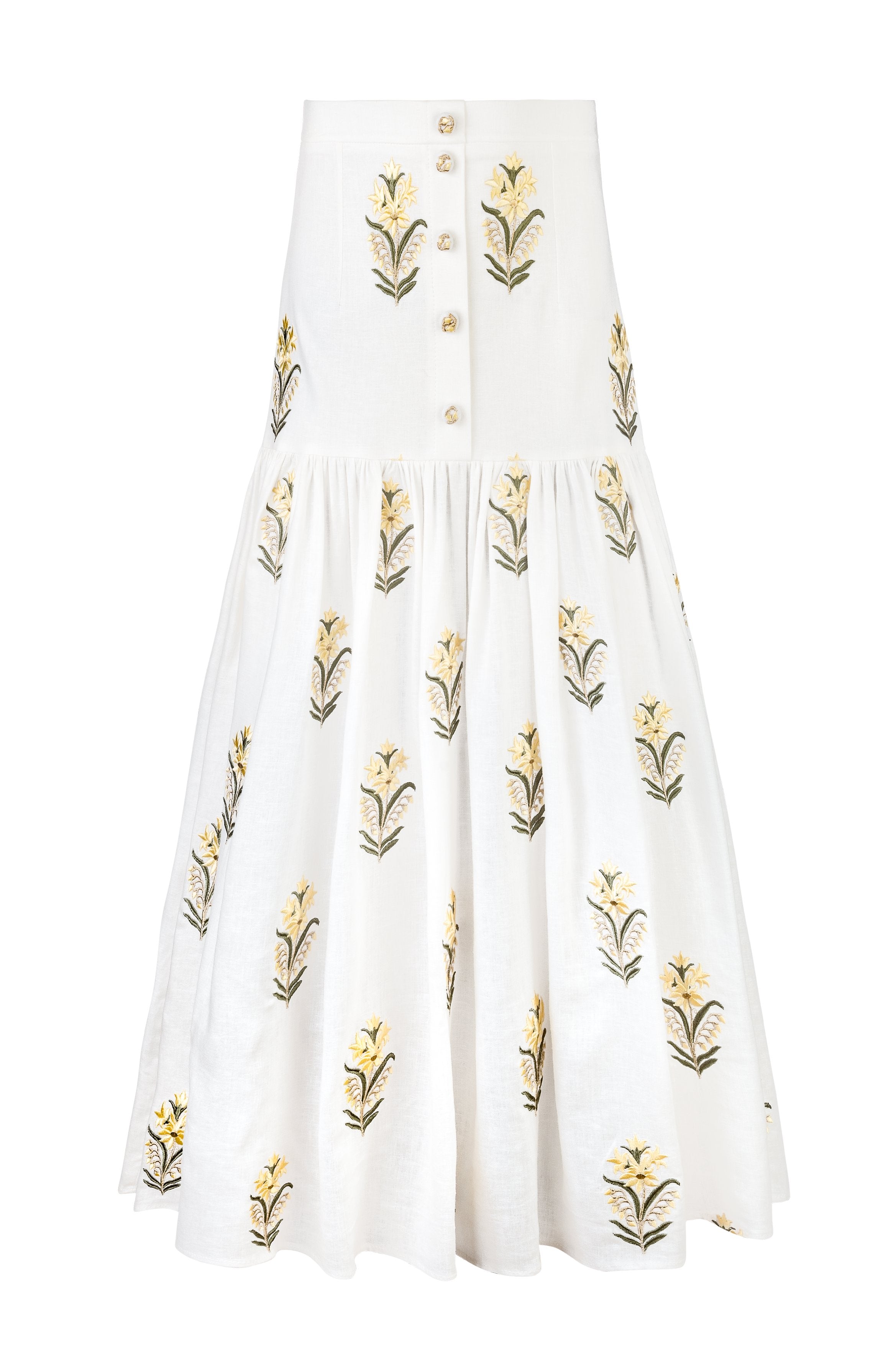 Gilda skirt - Lilium Embroidered Offwhite & Yellow Bottoms - Skirts Rosewater House