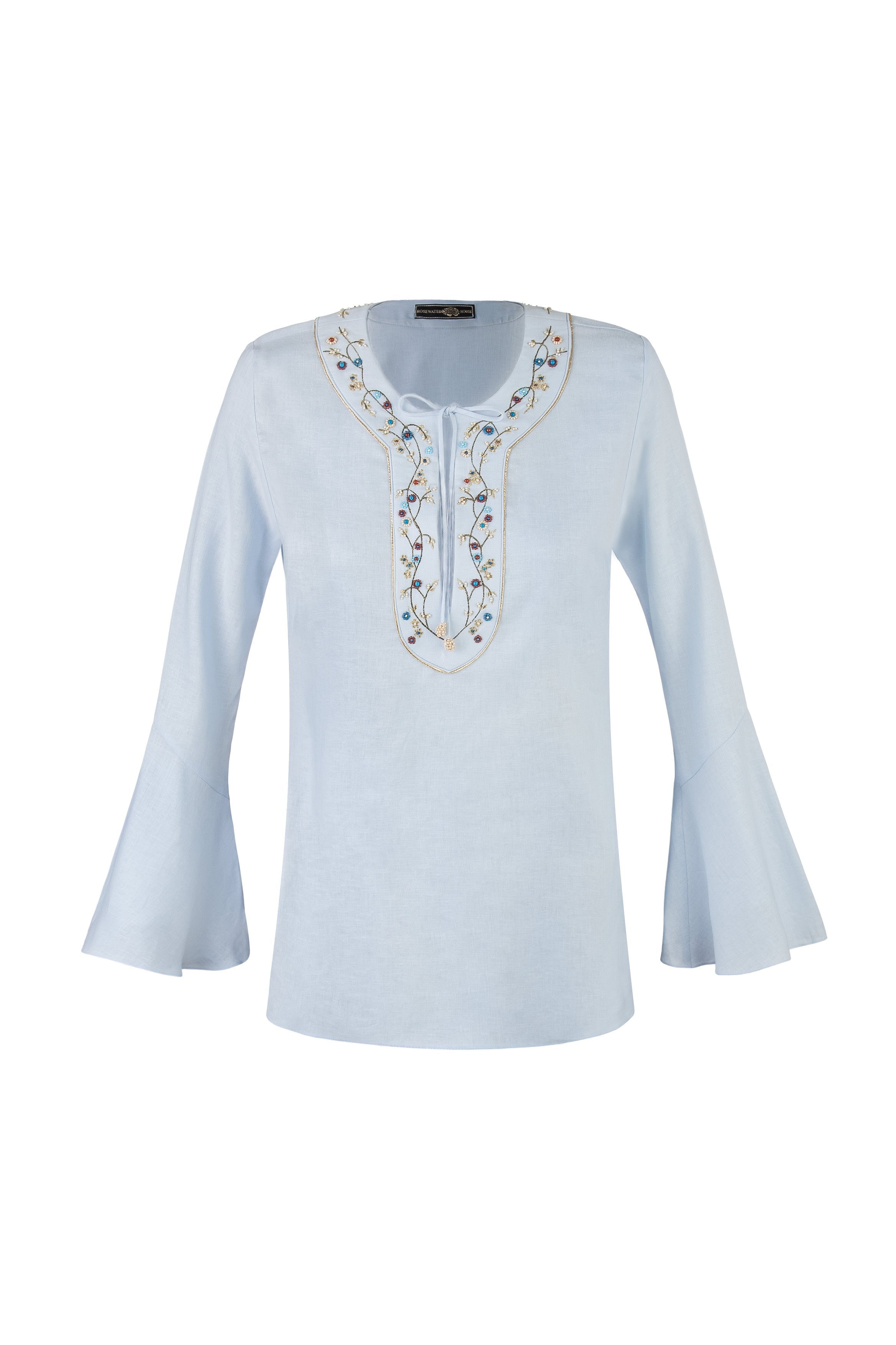Gina Blouse - Embroidered Neckline Linen Baby Blue Tops - Blouse Rosewater House 