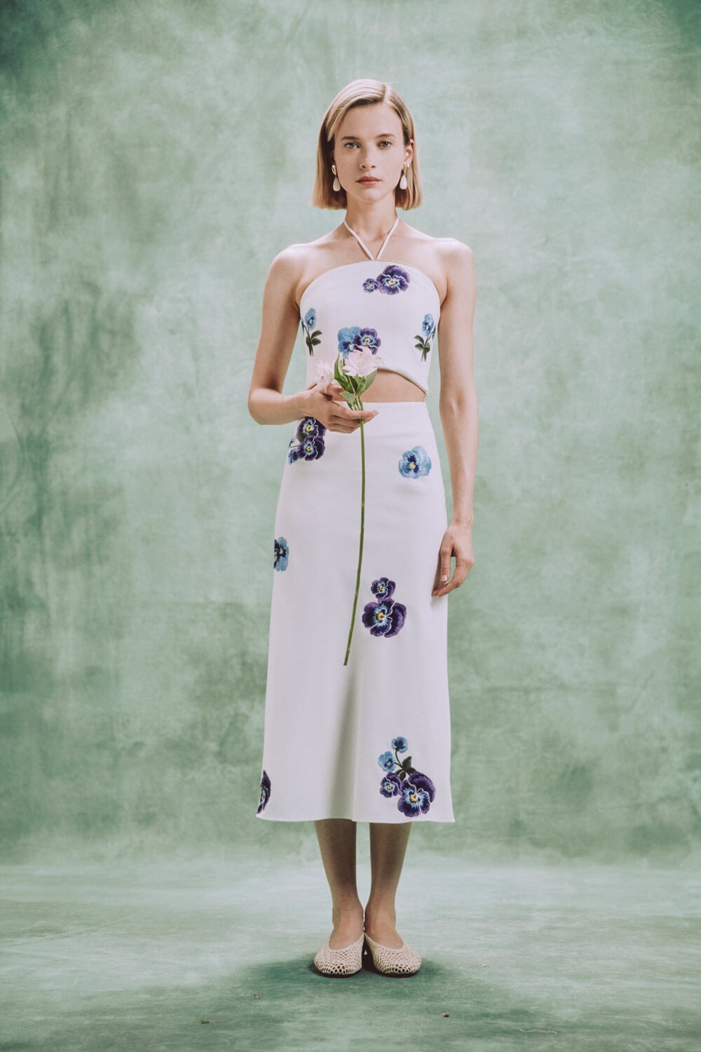 Mina Skirt - Pansy Embroidered Offwhite & Navy Rosewater House