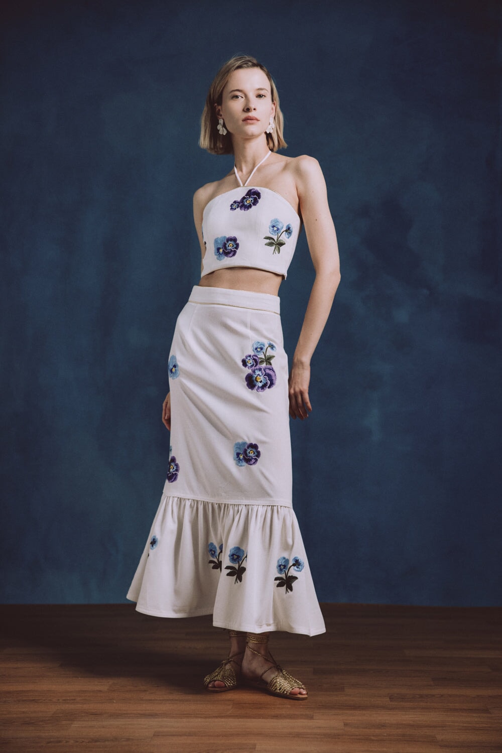 Pansy Bustier - Pansy Embroidered Offwhite & Navy Rosewater House