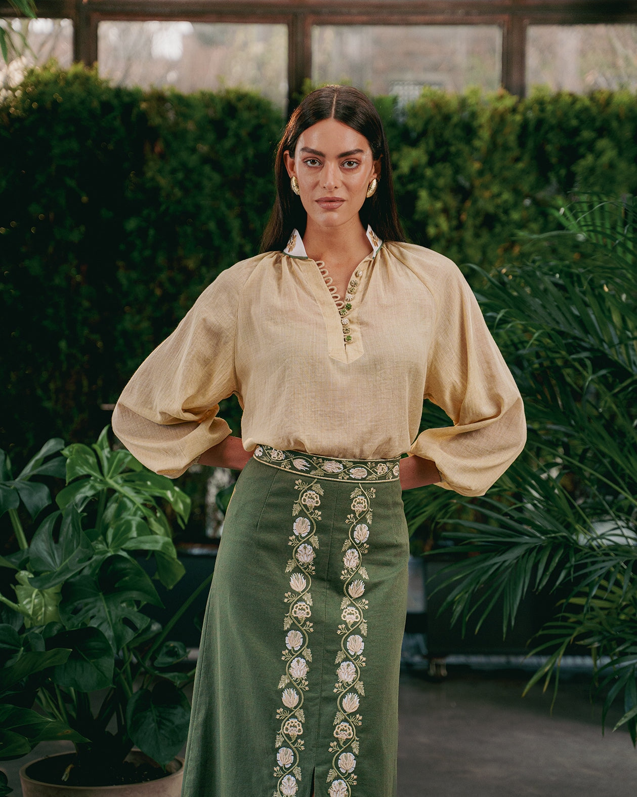 Gita Skirt - Golestan embroidery Creme & Khaki Bottoms - Skirts Rosewater House