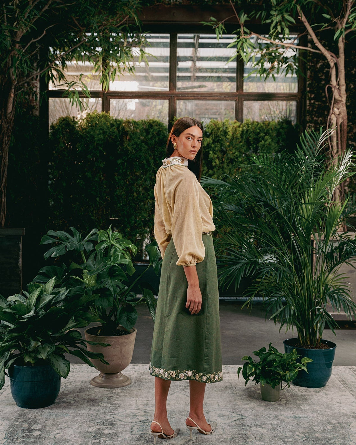 Gita Skirt - Golestan embroidery Creme & Khaki Bottoms - Skirts Rosewater House