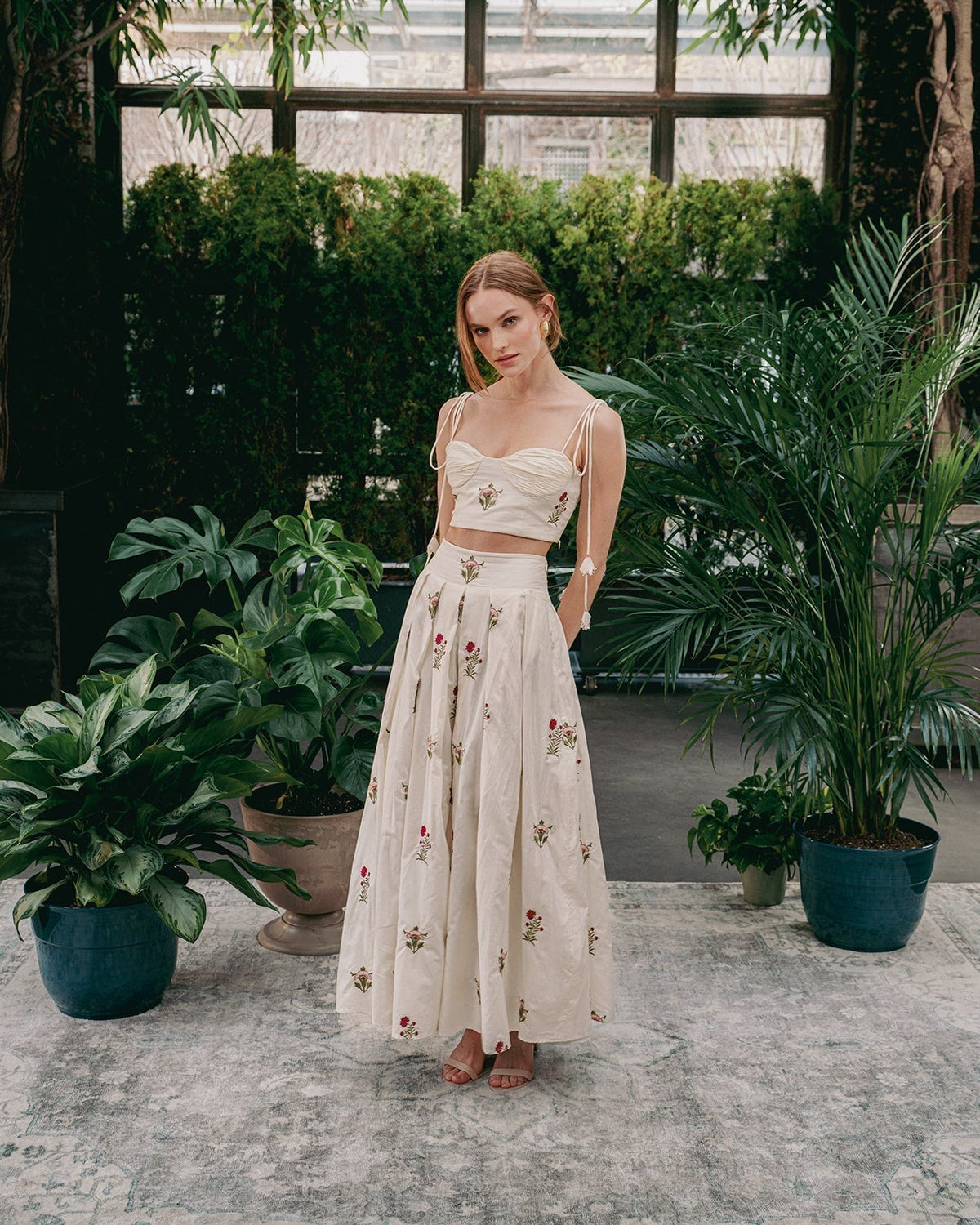 Yasmin Skirt - Fiona Embroidery Pink & Offwhite Bottoms - Skirts Rosewater House