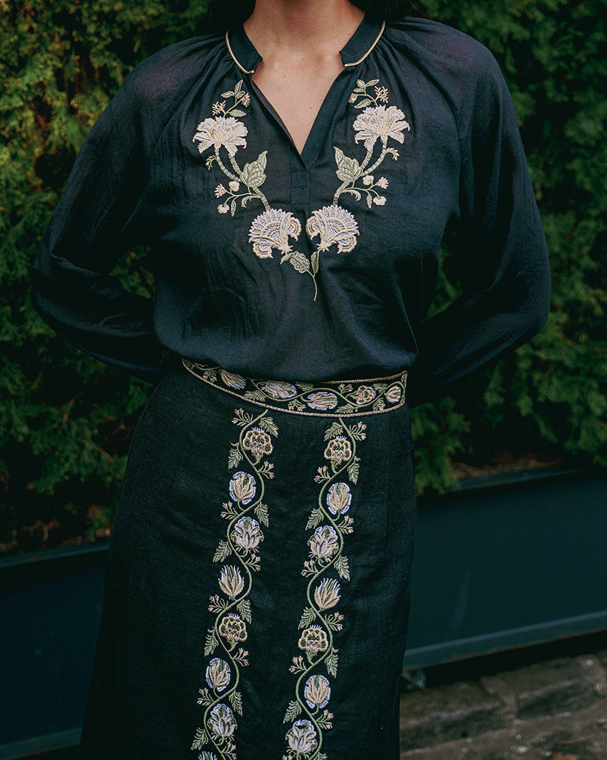 Gita Skirt - Golestan embroidery Creme & Black Bottoms - Skirts Rosewater House