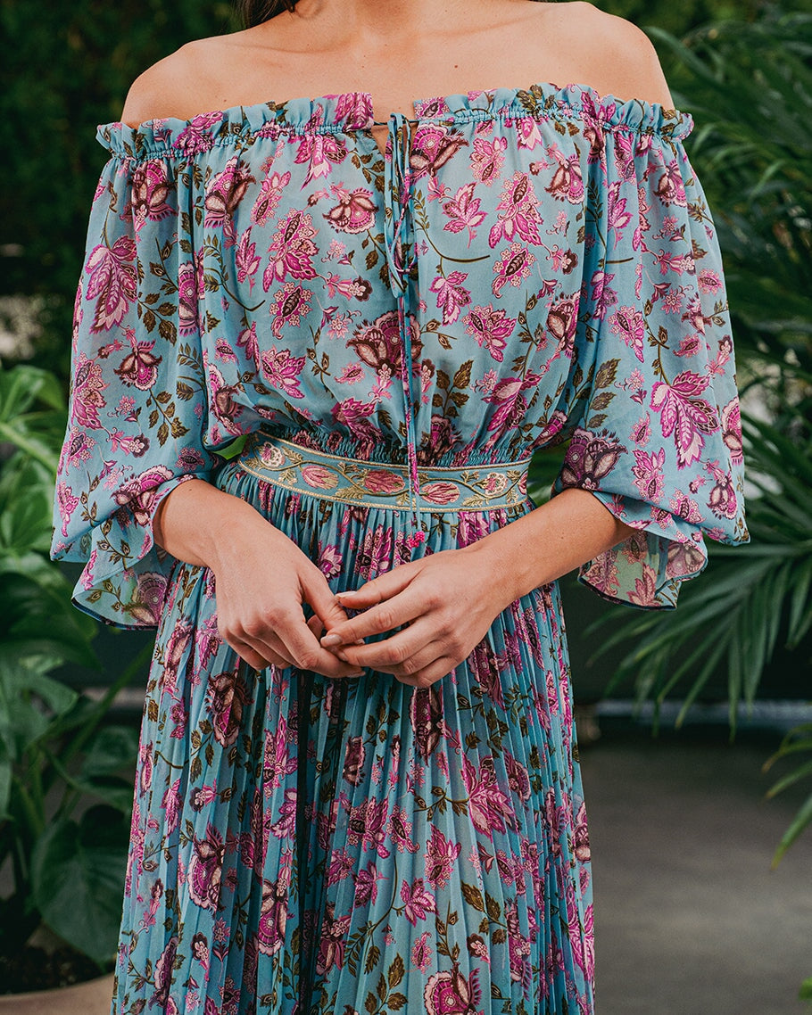 Golshan Blouse - Golestan Printed Chiffon Turquoise Tops - Blouse Rosewater House