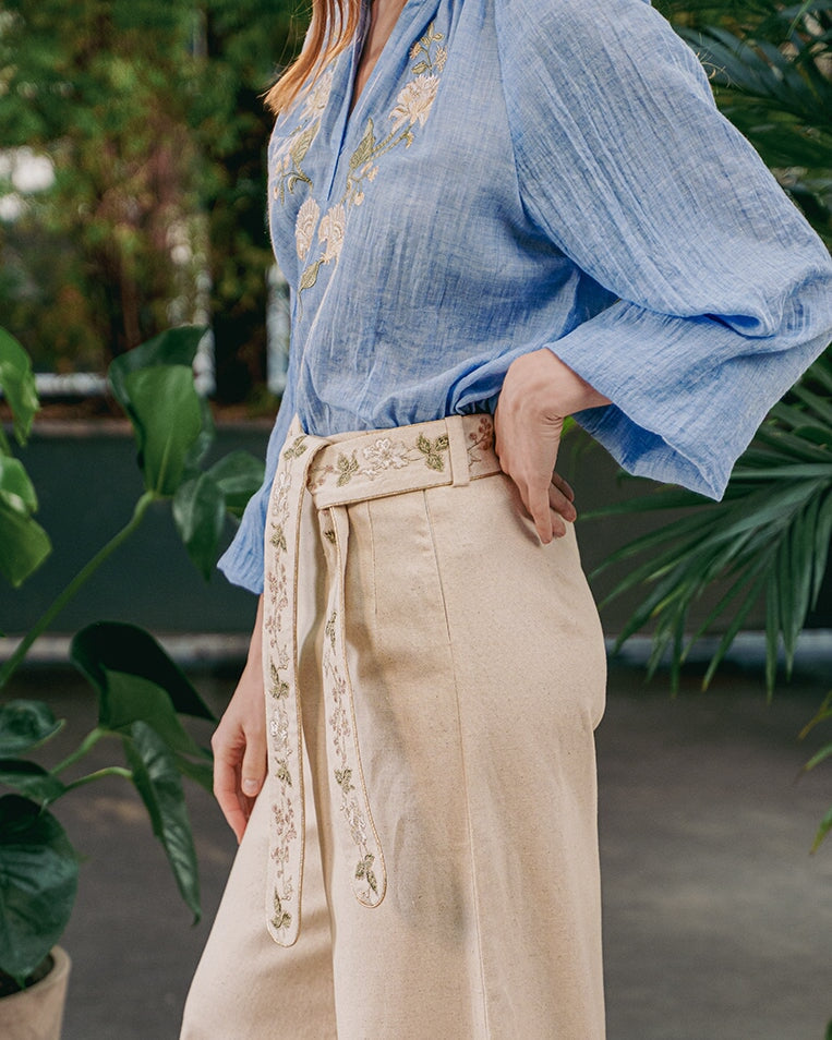 Golestan Blouse - Golestan embroidery Creme & Blue Tops - Blouse Rosewater House