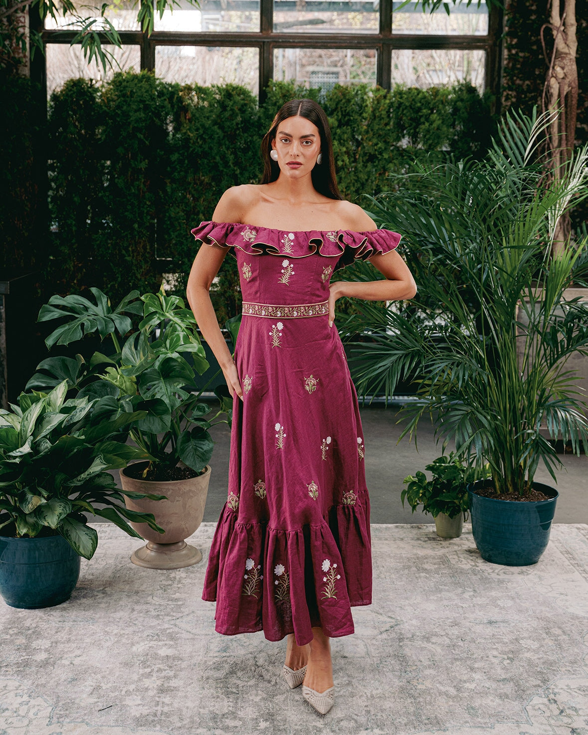 Malika Maxi Dress - Fiona Embroidery White & Raspberry Dresses - Maxi Rosewater House
