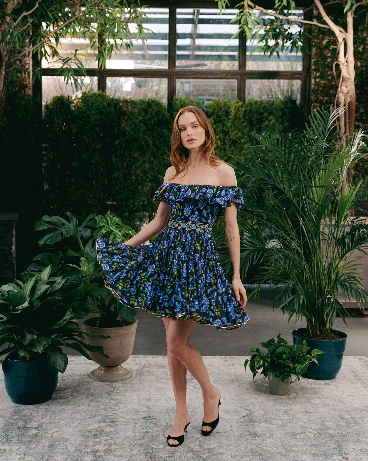 Sara Off The Shoulder Dress - Golestan Printed Voile Blue & Black Dresses - Mini Rosewater House