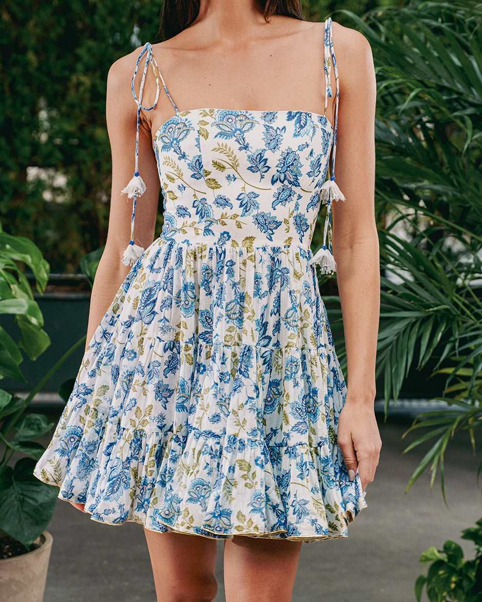 Sara Mini Dress - Golestan Printed Voile Blue & White Dresses - Mini Rosewater House