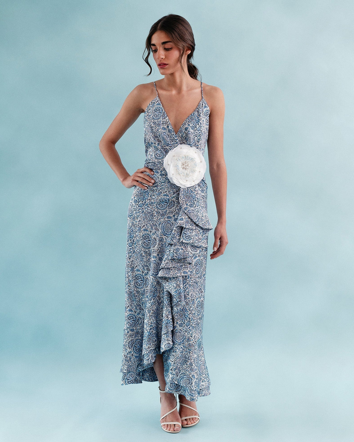 Shiraz Ruffle Dress - Printed Silk Blue Dresses - Midi Rosewater House