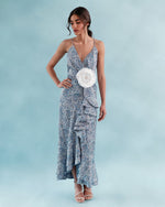 Shiraz Ruffle Dress - Printed Silk Blue Dresses - Midi Rosewater House
