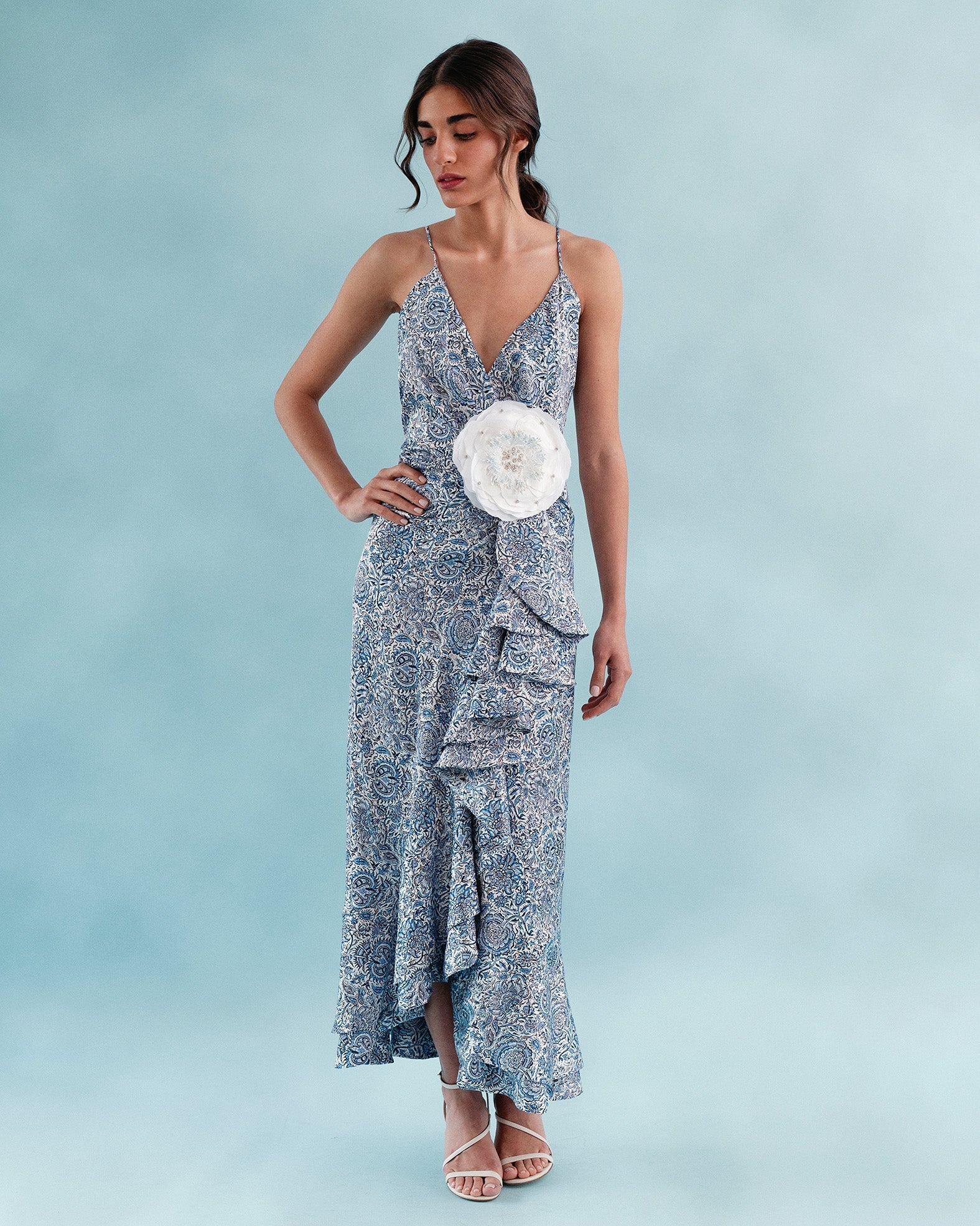 Shiraz Ruffle Dress - Printed Silk Blue Dresses - Midi Rosewater House