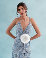 Shiraz Ruffle Dress - Printed Silk Blue Dresses - Midi Rosewater House