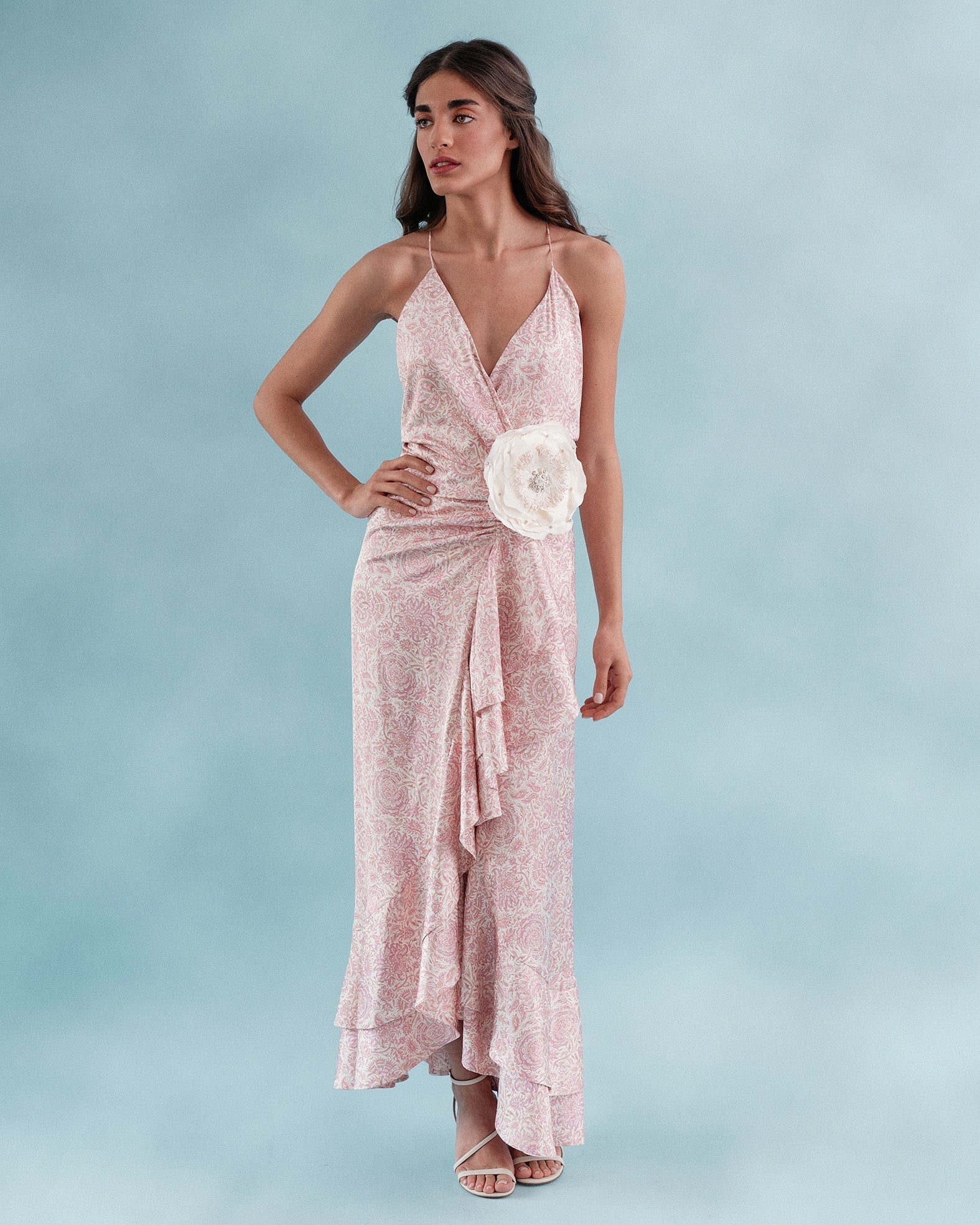 Shiraz Ruffle Dress - Printed Silk Pink Dresses - Midi Rosewater House