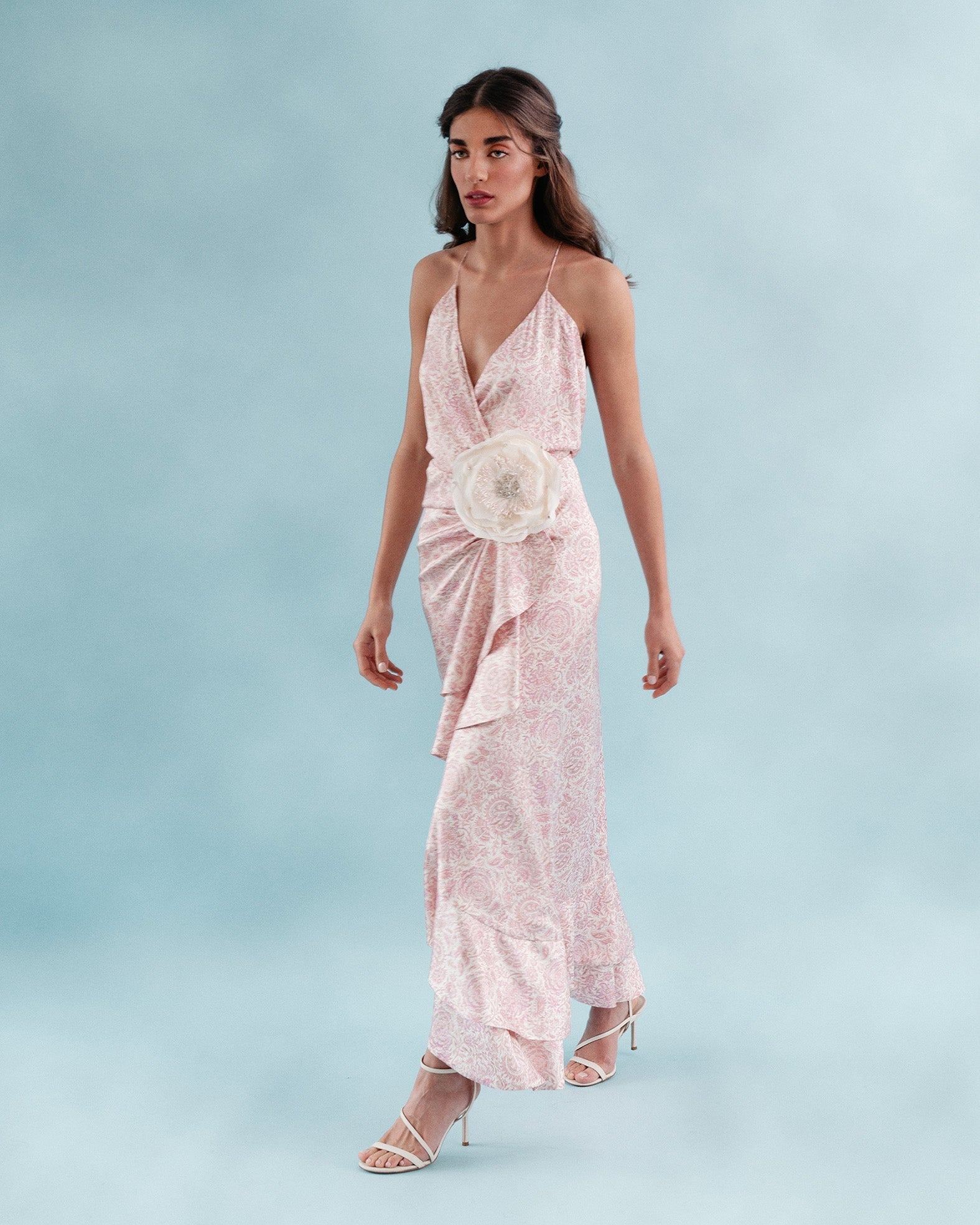 Shiraz Ruffle Dress - Printed Silk Pink Dresses - Midi Rosewater House