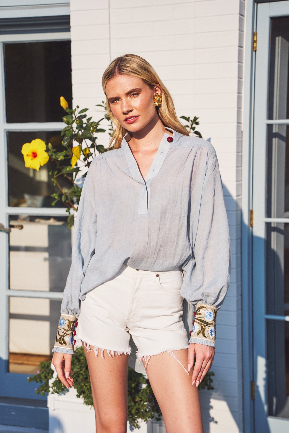 Carnation Blouse - Sky Blue & Red Tops - Blouse Rosewater House