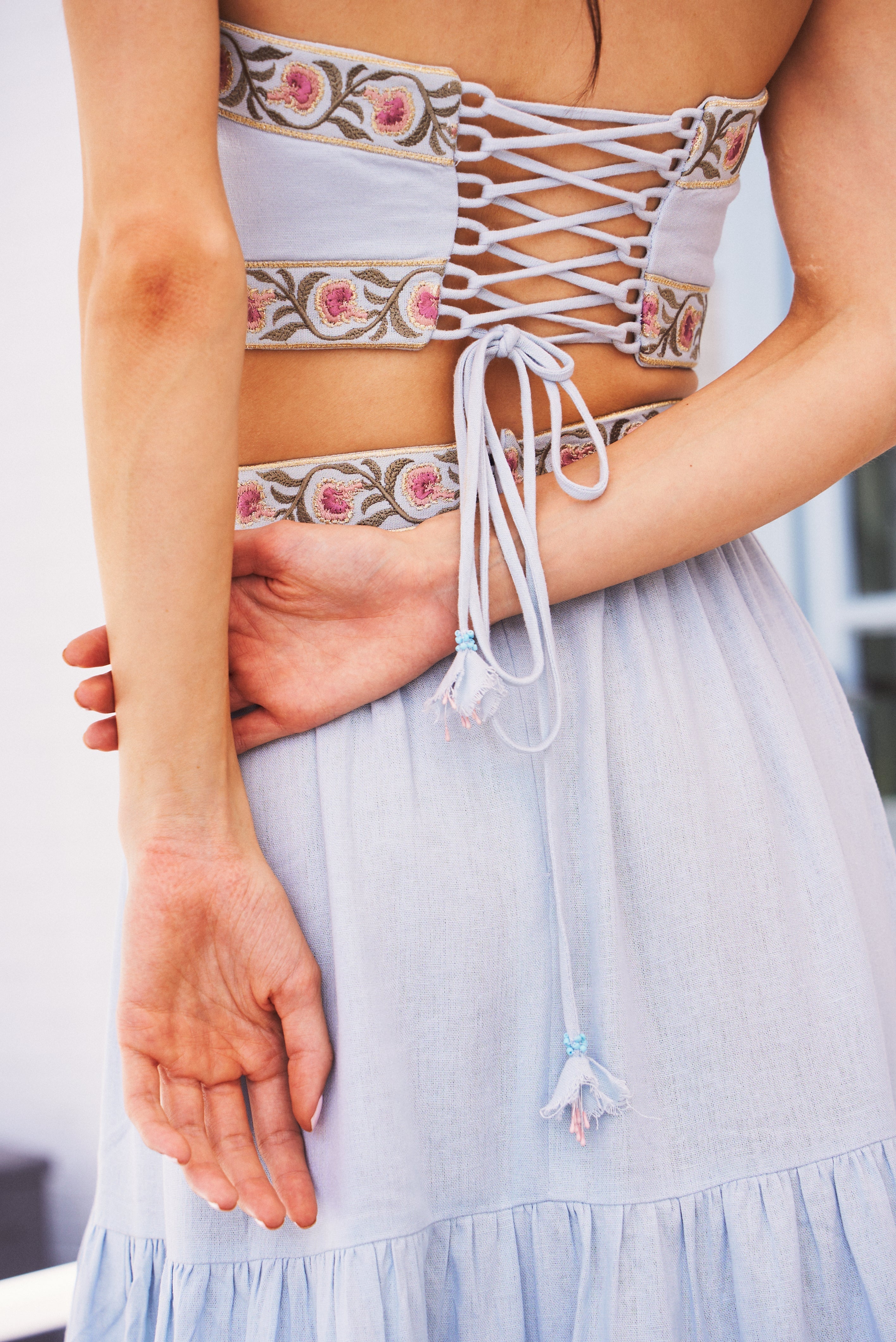 Carnation Crop Top - Blue & Pink Tops - Bustier & Embroidered Rosewater House