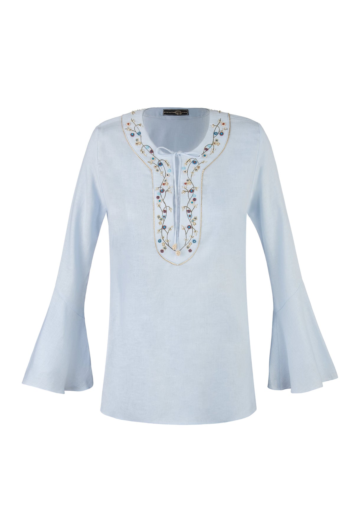 Gina Blouse - Embroidered Neckline Linen Baby Blue Tops - Blouse Rosewater House 