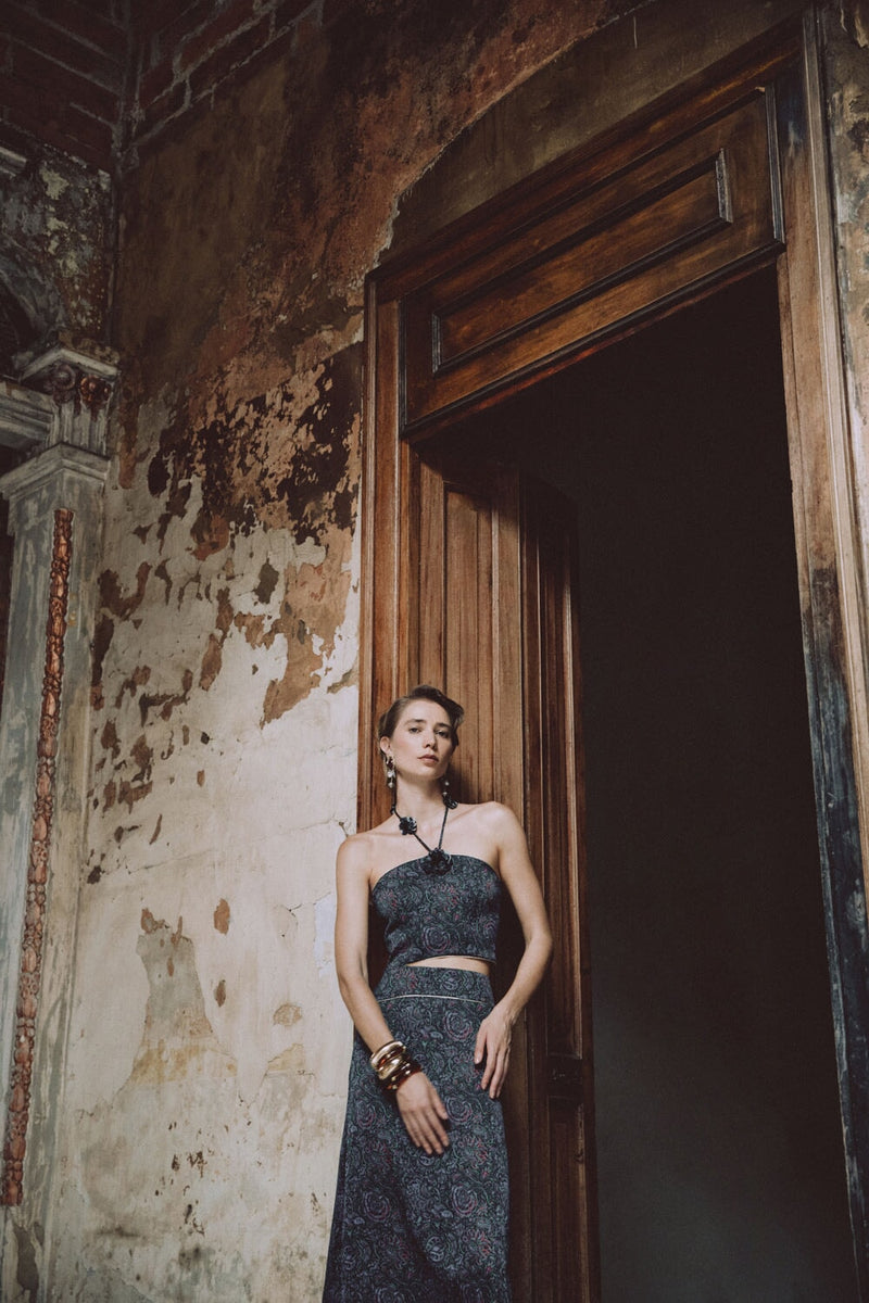 Hava Bustier - Printed Silk Black Rosewater House 