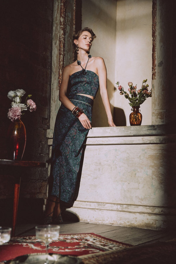 Bita maxi skirt - Printed Silk Black Rosewater House 