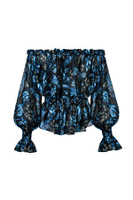 Golshan Blouse - Golestan Printed Chiffon Blue & Black Tops - Blouse Rosewater House 