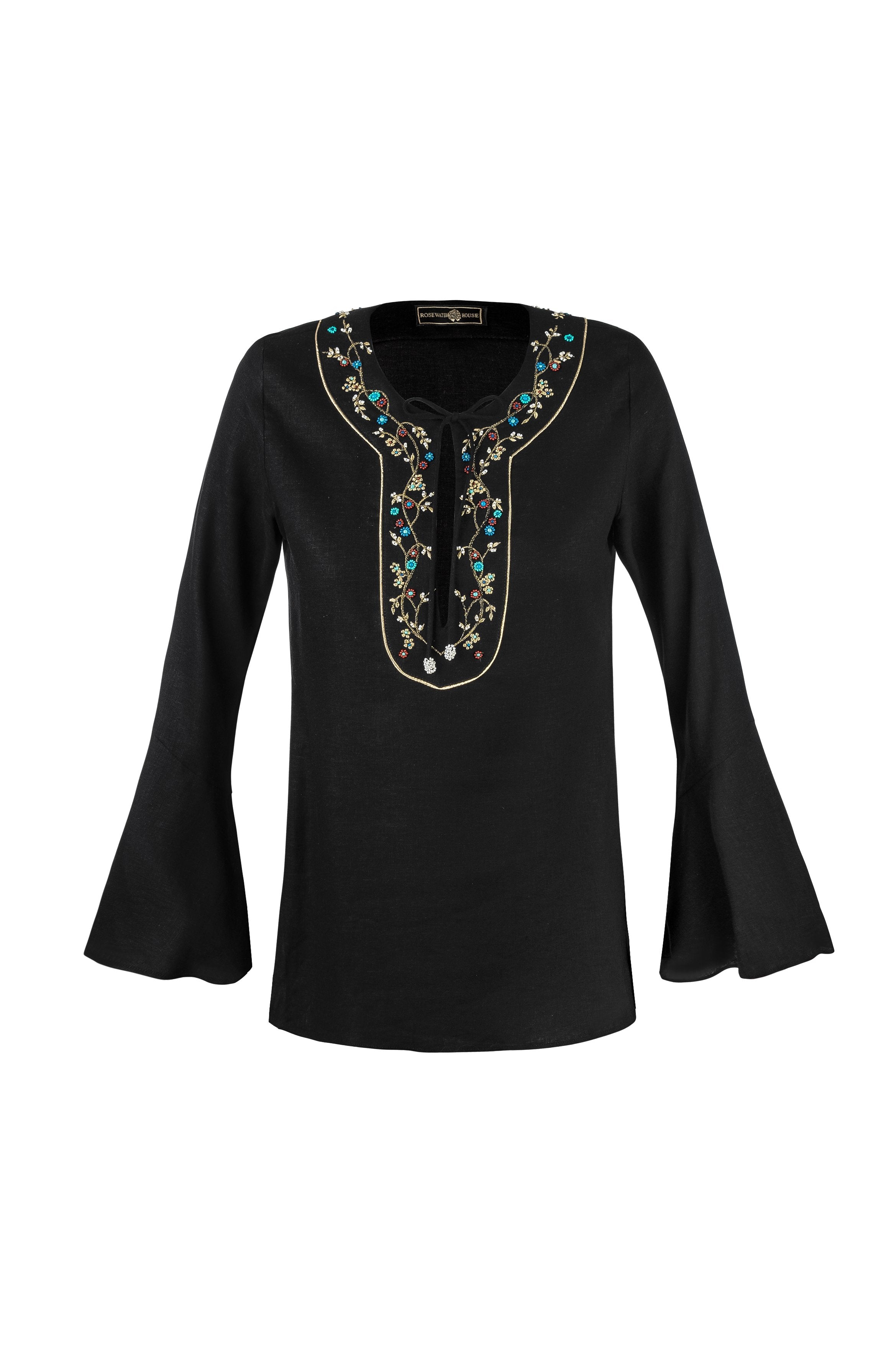 Gina Blouse - Embroidered Neckline Linen Black Rosewater House