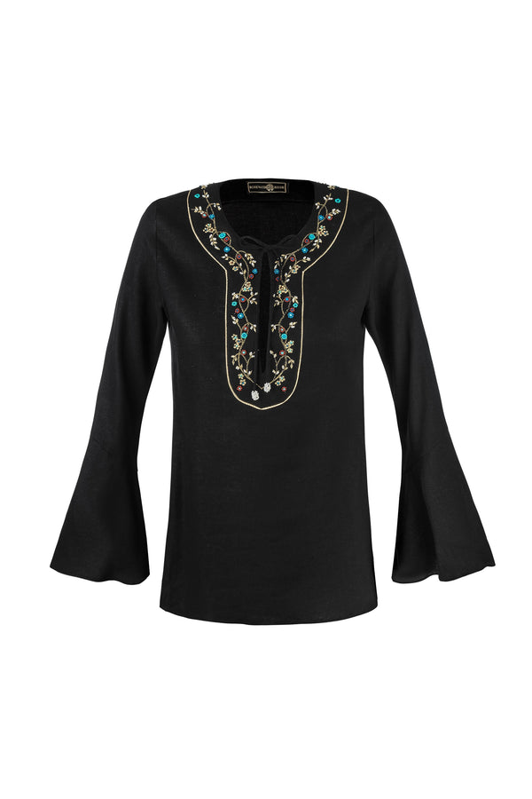 Gina Blouse - Embroidered Neckline Linen Black Rosewater House 