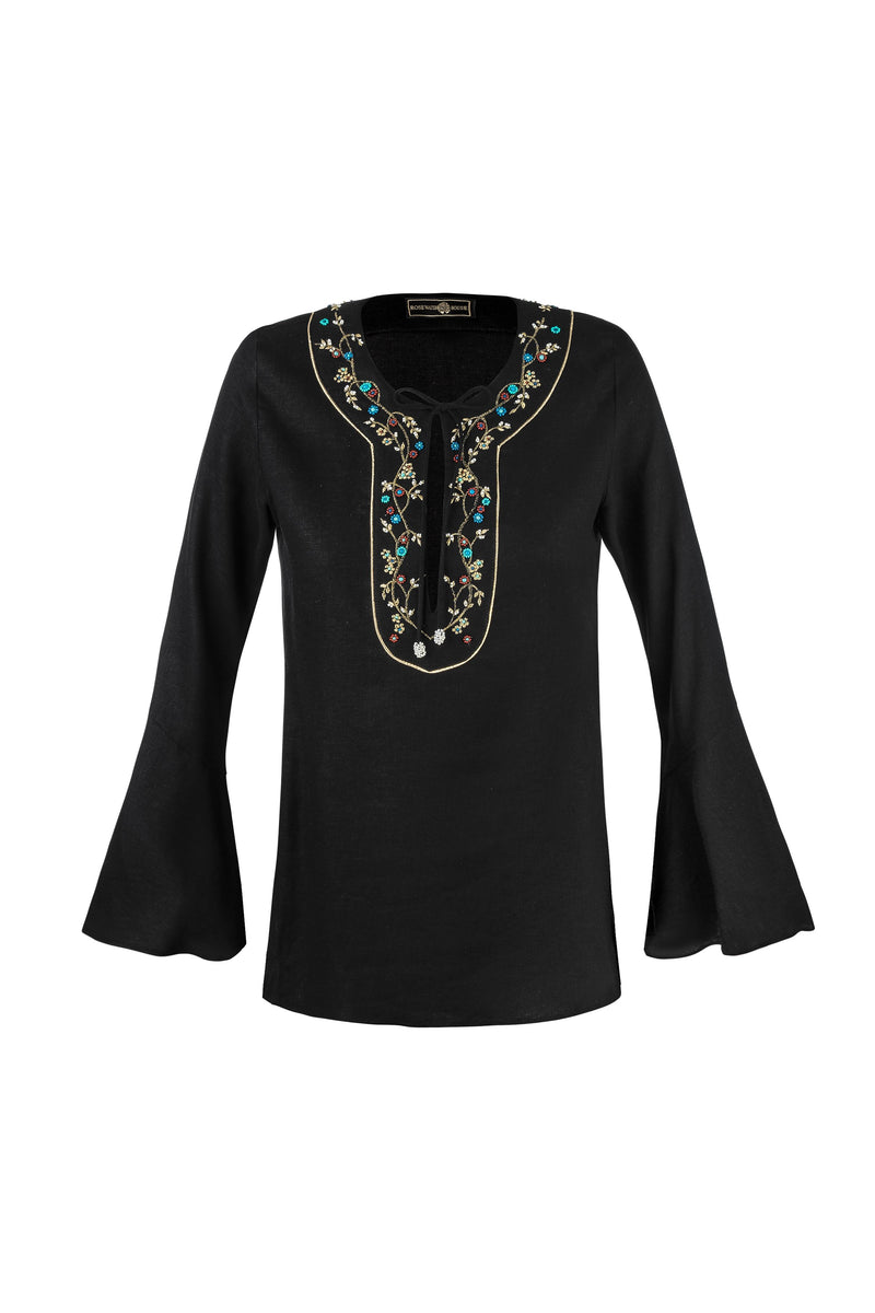 Gina Blouse - Embroidered Neckline Linen Black Rosewater House 