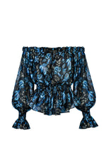 Golshan Blouse - Golestan Printed Chiffon Blue & Black Tops - Blouse Rosewater House 