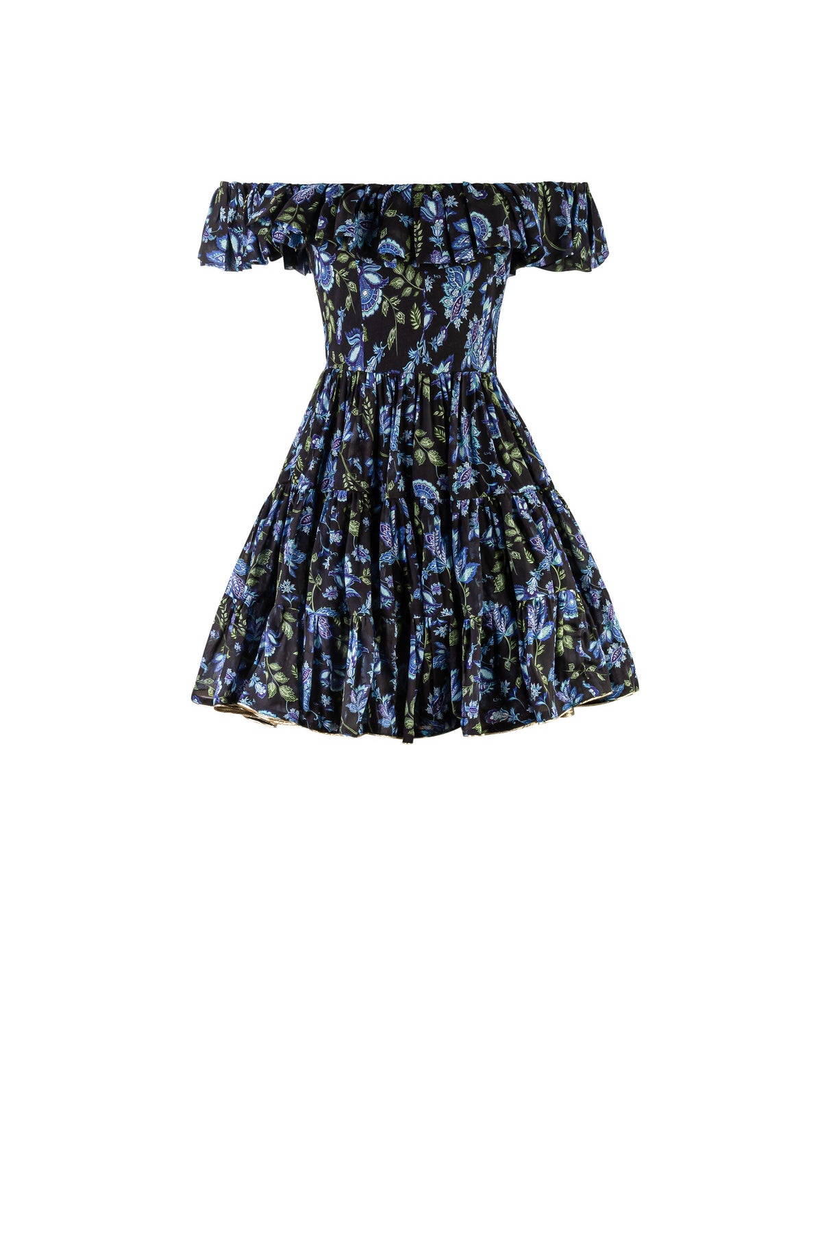 Sara Off The Shoulder Dress - Golestan Printed Voile Blue & Black Dresses - Mini Rosewater House 